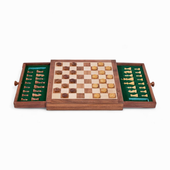 Portable Carved Wooden Chess and Checker Board Set