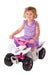 Little girl riding on a White and Pink Yamaha Mini Quad Bike TRX ATV with white background