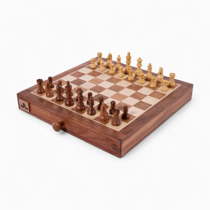 Portable Carved Wooden Chess and Checker Board Set