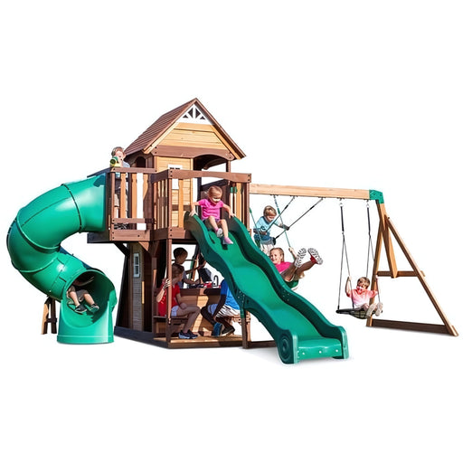 front on photo of the backyard discovery cedar cove with kids playing and a white background