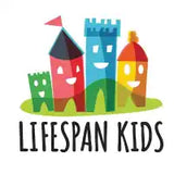 Colorful cartoon houses with castle-like features arranged together to form a playful logo design with ’LIFESPAN KIDS’ text below.