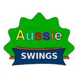 Colorful logo featuring ’Aussie’ in yellow and purple letters above a navy blue banner with ’SWINGS’ text, all on a green star-shaped background.