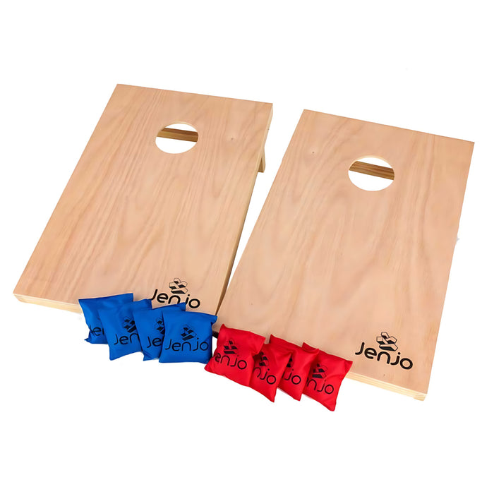 Corn Games image of 2 corn hole boards with 4 red bean bags and 4 blue bean bags