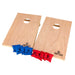 image of 2 corn hole boards with 4 red bean bags and 4 blue bean bags