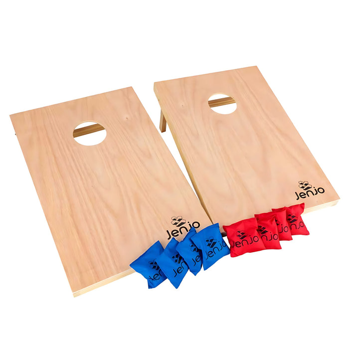 image of 2 corn hole boards with 4 red bean bags and 4 blue bean bags front view