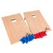 image of 2 corn hole boards with 4 red bean bags and 4 blue bean bags front view