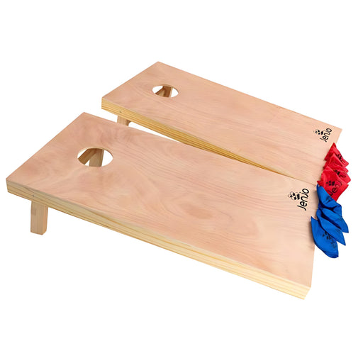 image of two regulation cornhole games with 4 blue and 4 red bean bags side angle