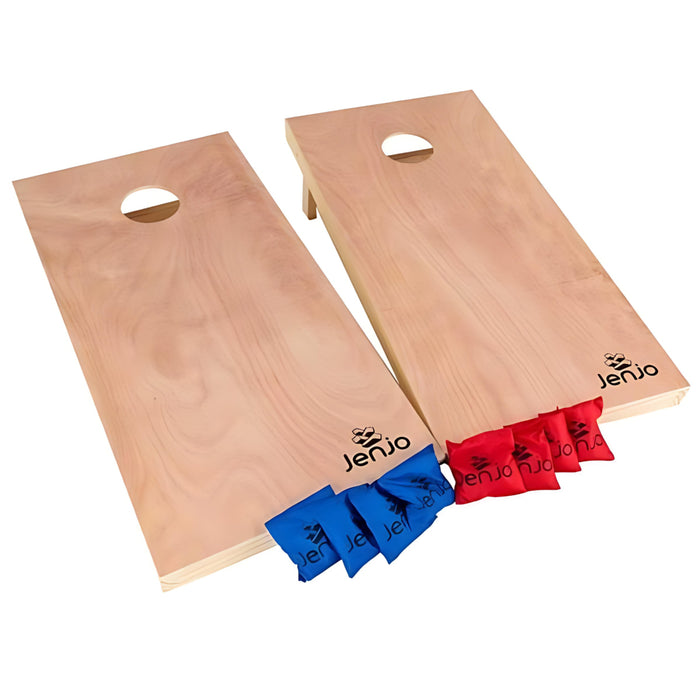 image of two regulation cornhole games with 4 blue and 4 red bean bags front on angle