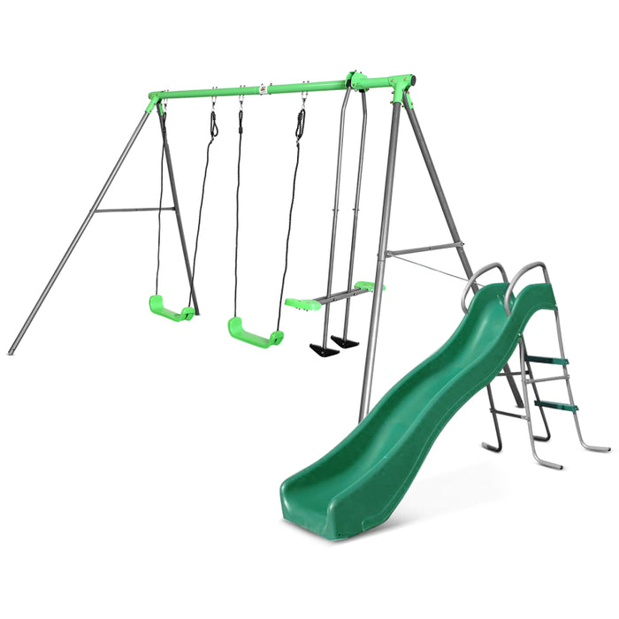 Lifespan Kids Hurley 2 Kids Metal Swing Set with a 1.8m Long Standalone Slippery Green Slide