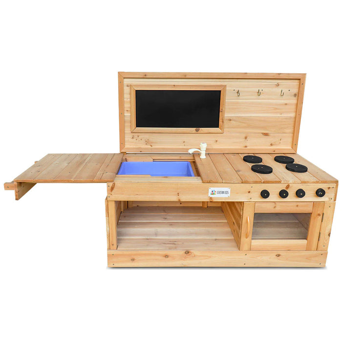 Eden Mud Kitchen front on view with the bench slid out