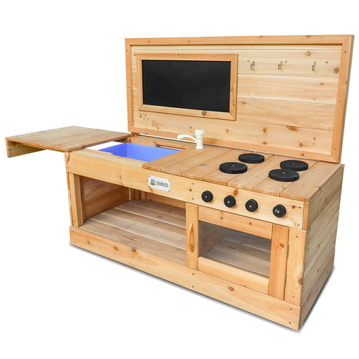 Eden Mud Kitchen with a white background side angle with the sink open