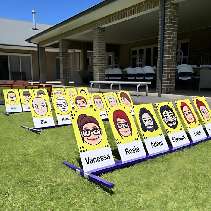 image of a giant guess who set up in a backyard looks like for an event