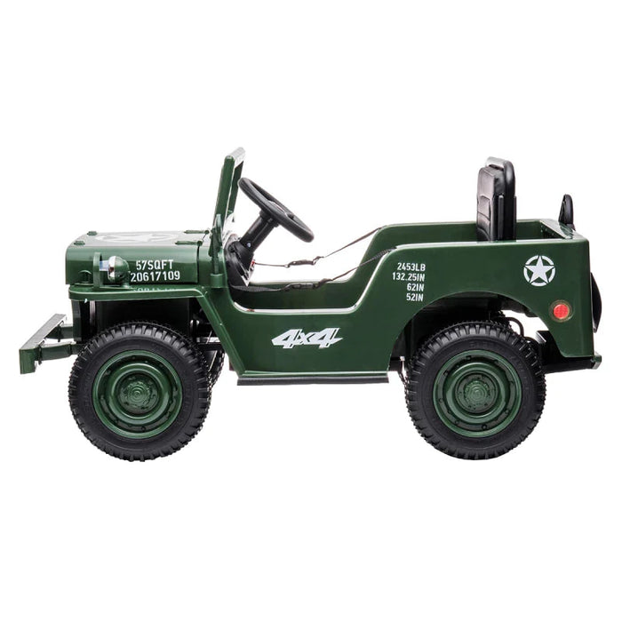 Go Skitz Major 12v Kids Electric Ride On Jeep with Shovel and Front Storage Box - Army Green - Kids Ride on Car