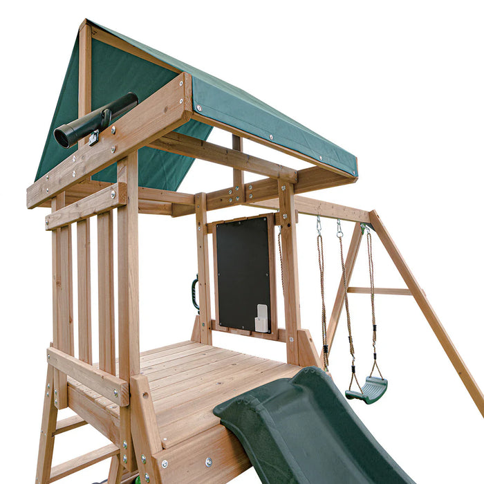 Greenvale Play Centre watchtower with chalkboard and telescope