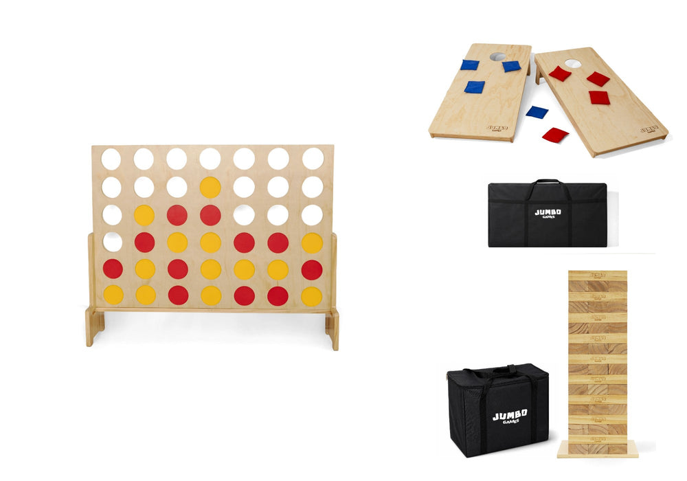 Backyard Party Pack: Cornhole Pro, Jumbo Stack Tower and Giant Four in a Row
