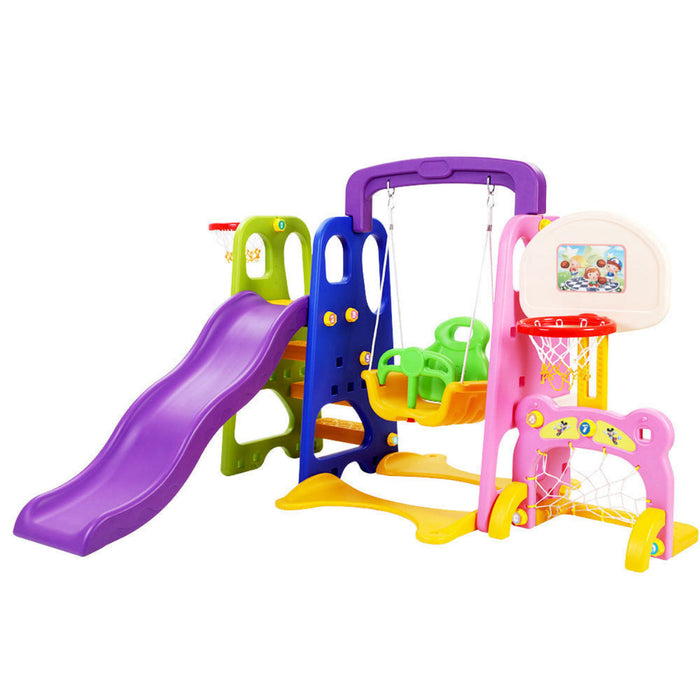 Children's playset with slide, swing, and basketball hoop on a white background