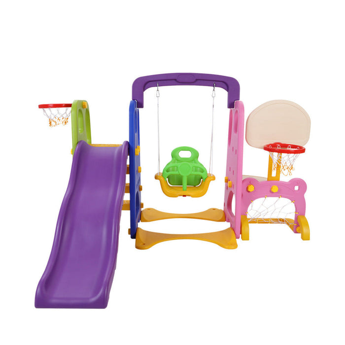 Children's playset with slide, swings, and basketball hoop and soccer net on a white background