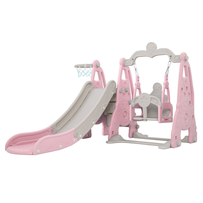 Keezi Kids Extra Long Slide and Swing with Basketball Hoop Set - Pink - Swing Sets