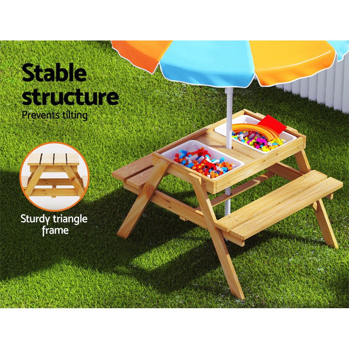 Keezi Kids Outdoor Table and Chairs Picnic Bench Set Umbrella Water Sand Pit Box - Baby & Kids > Kid’s Furniture