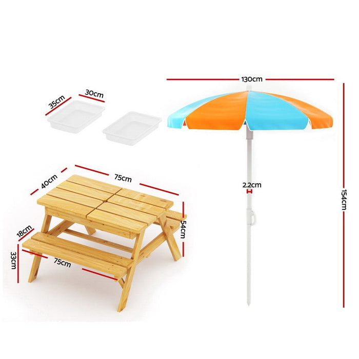 Keezi Kids Outdoor Table and Chairs Picnic Bench Set Umbrella Water Sand Pit Box - Baby & Kids > Kid’s Furniture