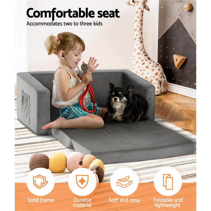 Keezi Kids Sofa 2 Seater Chair Children Flip Open Couch Armchair Grey - Baby & Kids > Kid’s Furniture