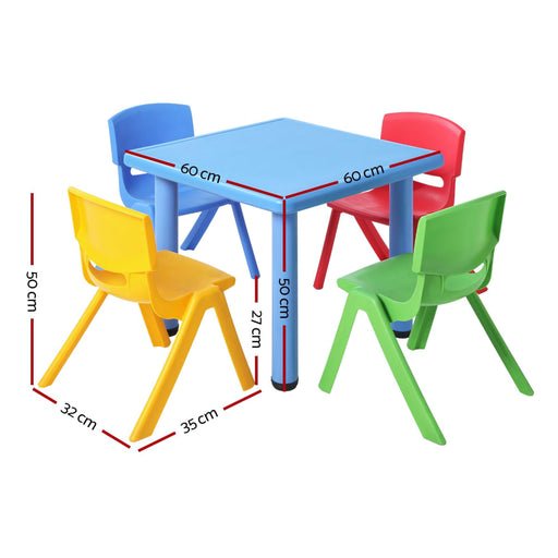 kids 5 piece plastic table and chairs with a blue table, blue chair, green chair, yellow and red chairs with a white background with measurements