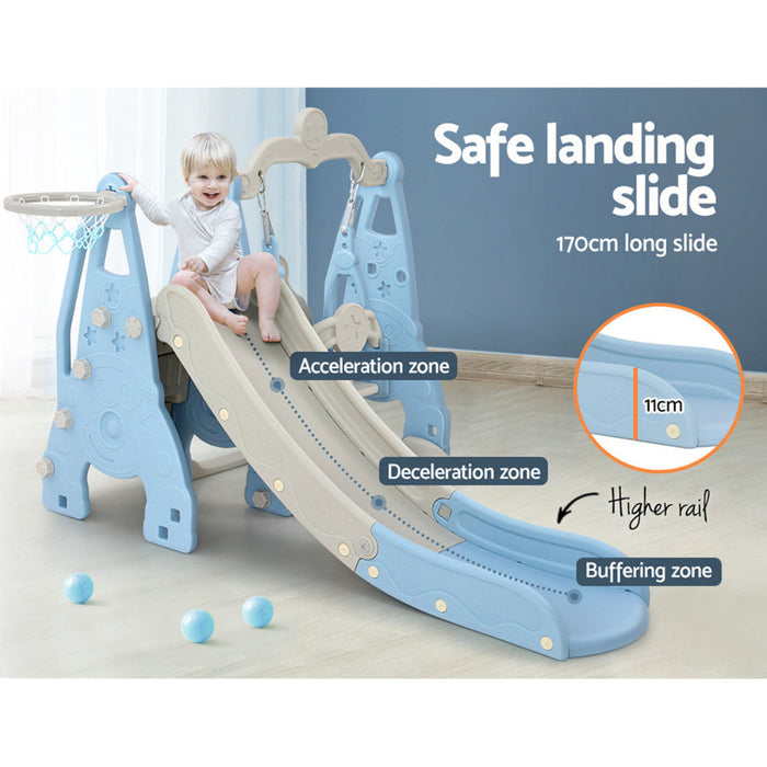 Keezi Toddler Slide and Swing with Basketball Set Blue in use