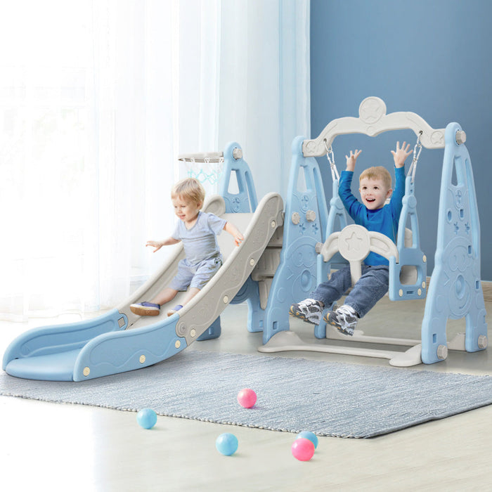 Keezi Toddler Slide and Swing with Basketball Set Blue side view