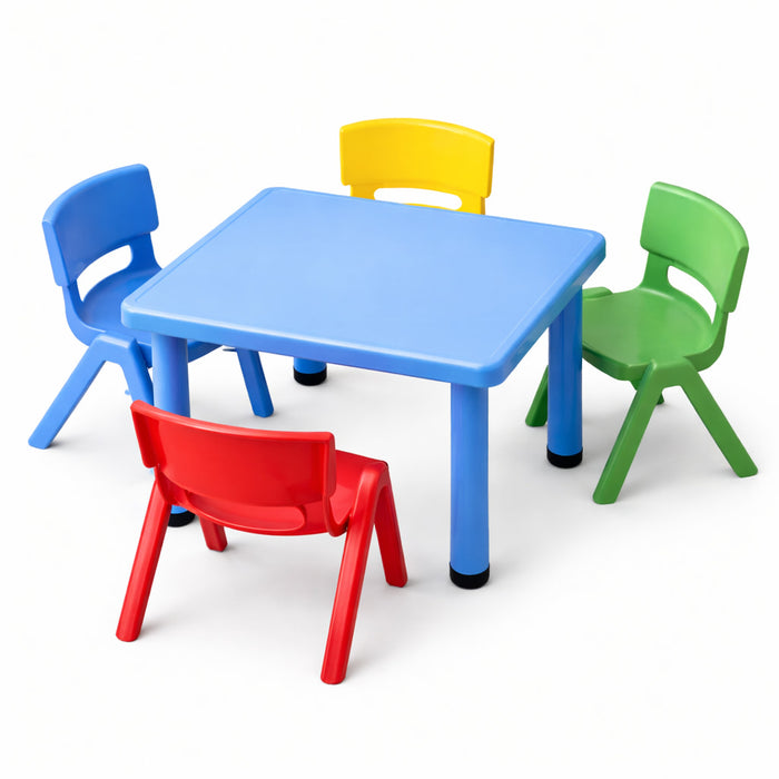 Kids Plastic Table and 4 Chairs Set – Coloured Square Table with Stackable Chairs