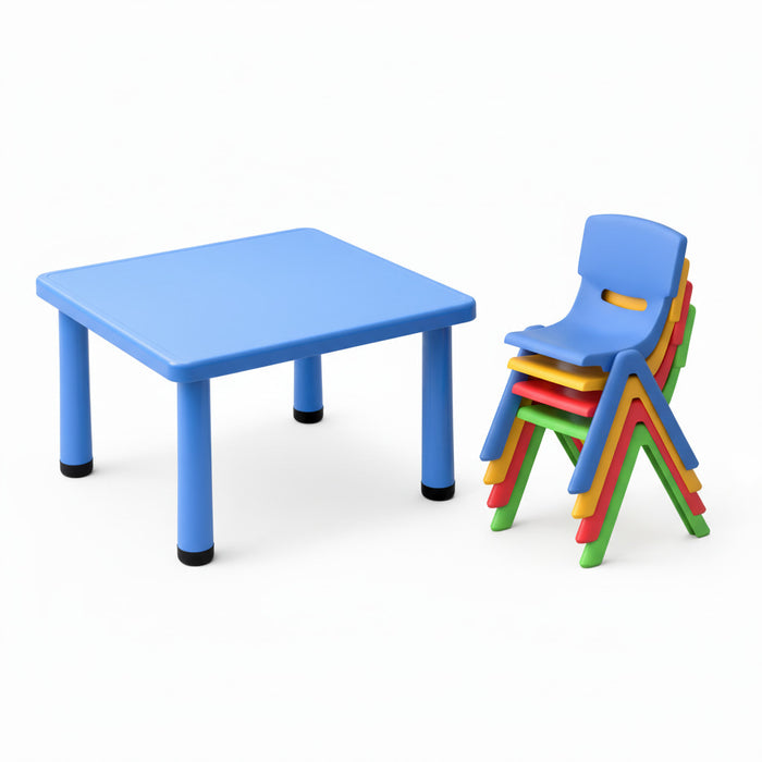 Kids Plastic Table and 4 Chairs Set – Coloured Square Table with Stackable Chairs