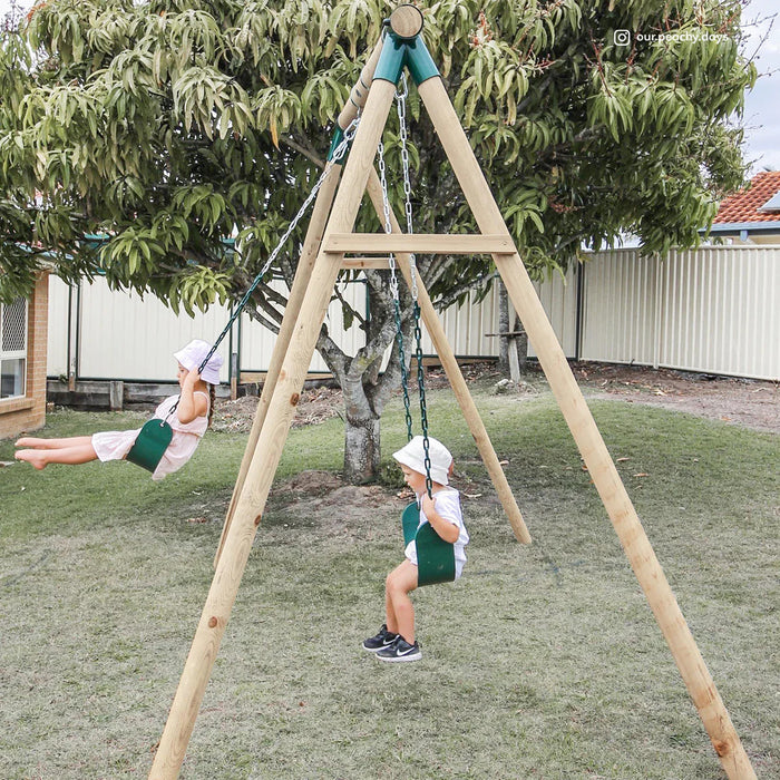 Amber Swing Set tall wide timber frame close-up