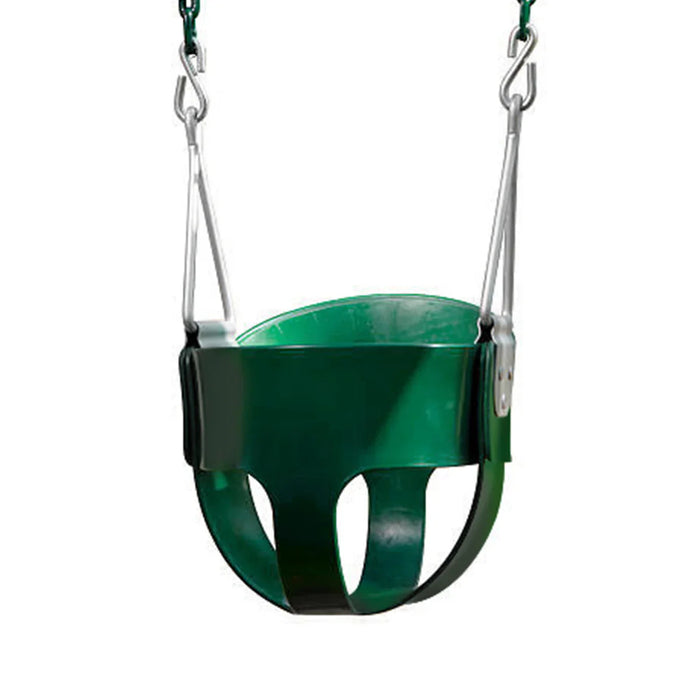 Green swing seat with metal chains on a white background