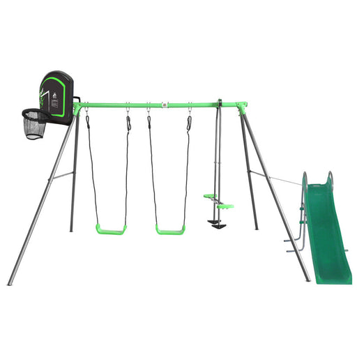 Lifespan Kids Hurley 2 Kids Metal Swing Set with a 1.8m Long Standalone Slippery Green Slide and Basketball Hoop - Nest Swing