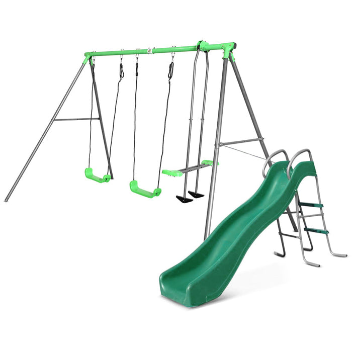 Lifespan Kids Hurley 2 Kids Metal Swing Set with a 1.8m Long Standalone Slippery Green Slide - Mid Swing Sets