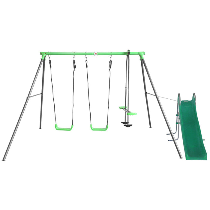 Lifespan Kids Hurley 2 Kids Metal Swing Set with a 1.8m Long Standalone Slippery Green Slide - Mid Swing Sets