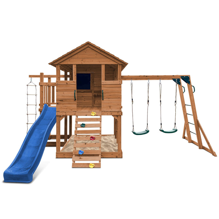 Kingston Cubby House mini play kitchen chalkboard and sandpit, Blue Slide colour