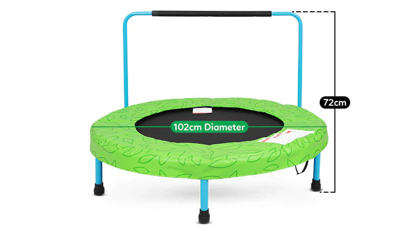 Green trampoline with handlebar and measurements on a white background