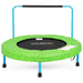 Green trampoline with blue handlebar on a white background