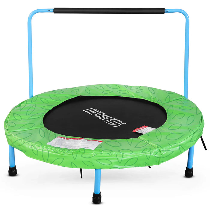 Green trampoline with blue handlebar on a white background