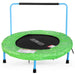 Green trampoline with blue handlebar on a white background