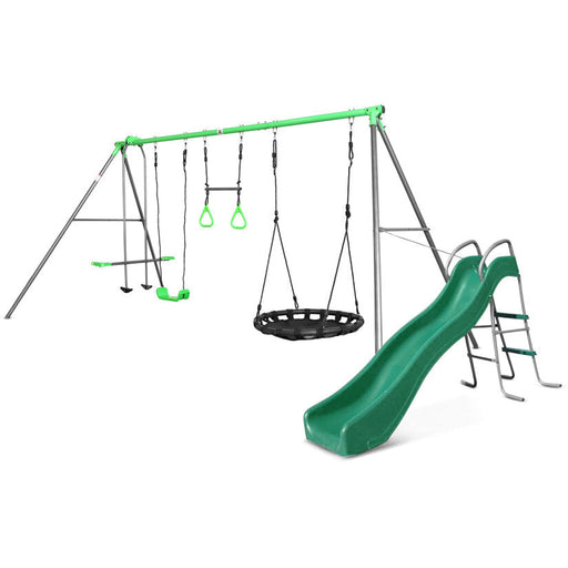 Lifespan Kids Lynx Metal Swing Set With 1.8m Long Standalone Slippery Green Slide - Mid Swing Sets