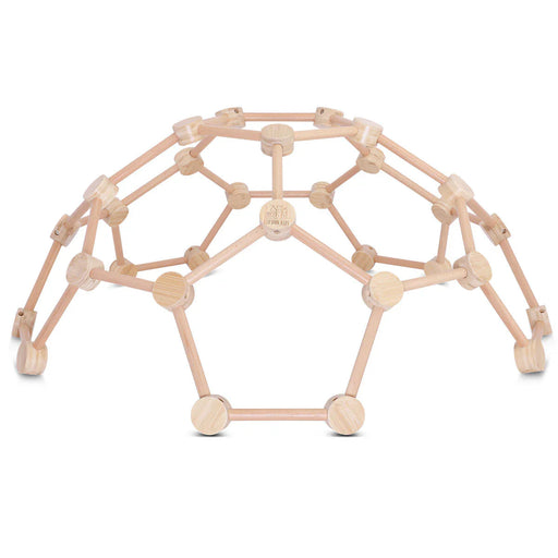 Wooden geometric dome structure on a white background