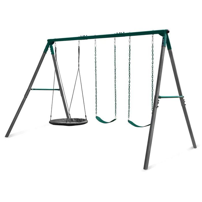 side angle of the Lifespan Kids Titan 3 Station Swing Set white background