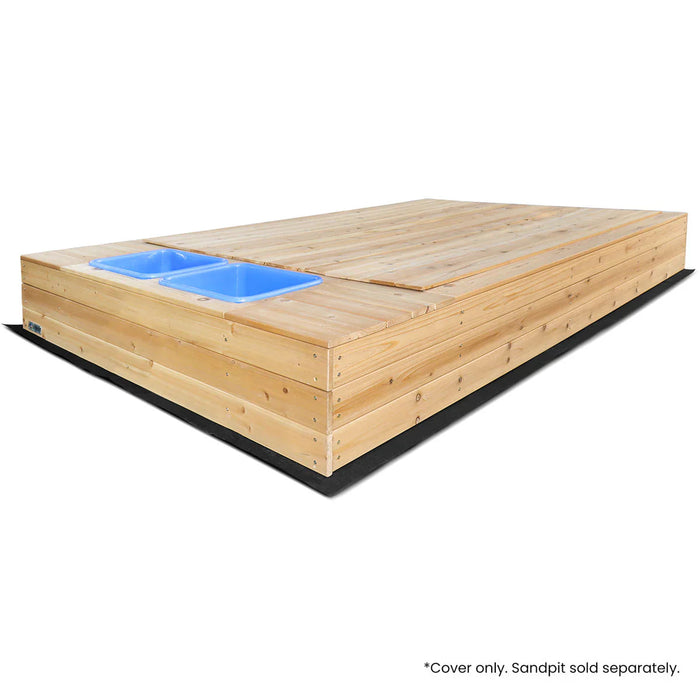 Wooden sand pit cover with blue sand compartments on a white background