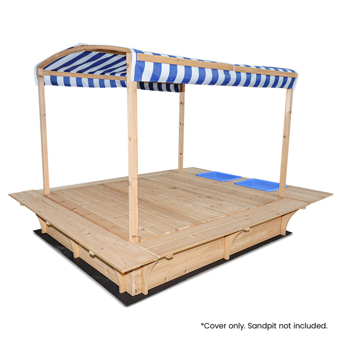 Wooden sandpit cover with blue and white striped canopy on a white background