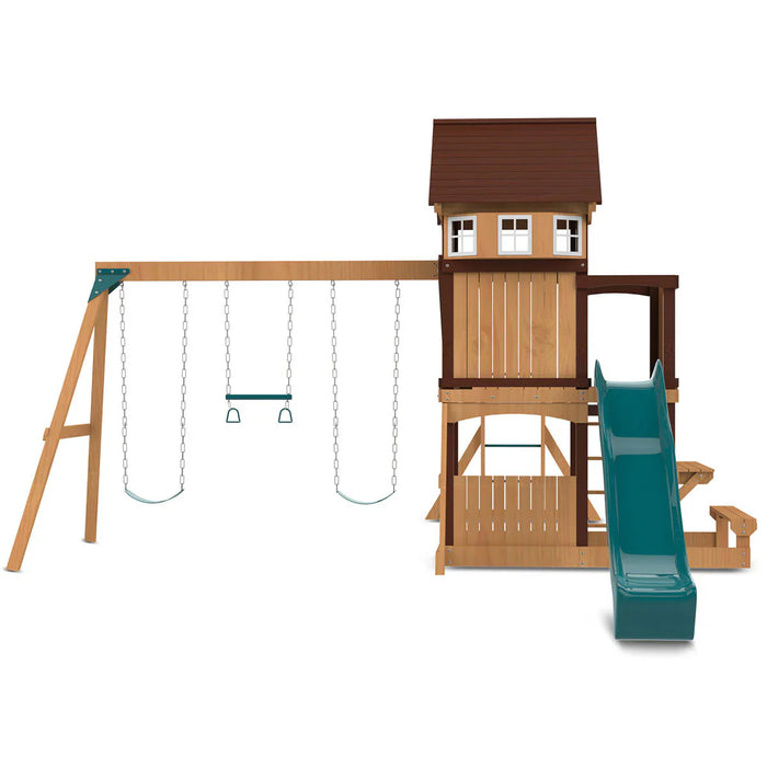 Meer Brook Play Centre monkey bars connecting to raised fort