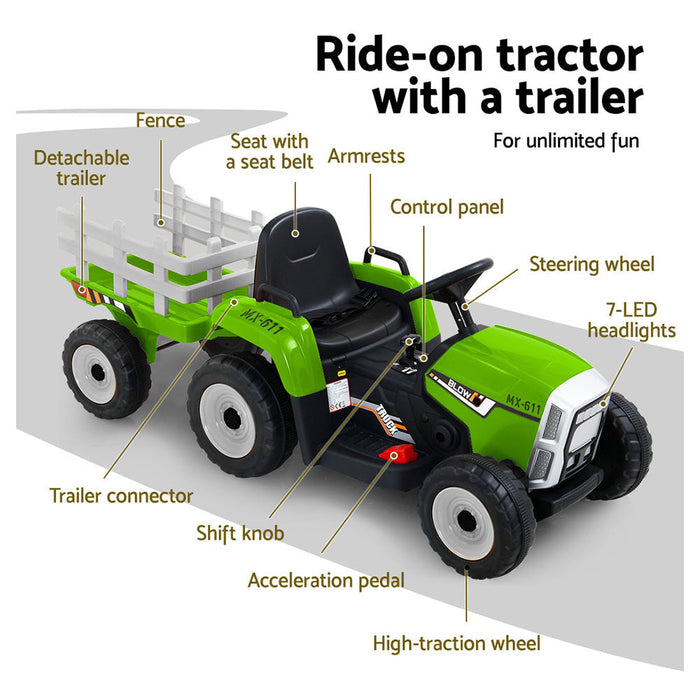 Rigo Kids Tractor Trailer Electric Ride On Car Green full view