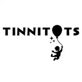 Simple black logo showing a silhouetted figure holding a balloon with ’TINNITOTS’ text above.