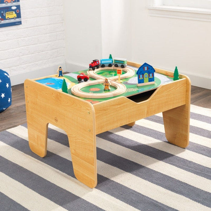 Full image of the playing surface of 2 in 1 Lego Board and Table with cars and rails