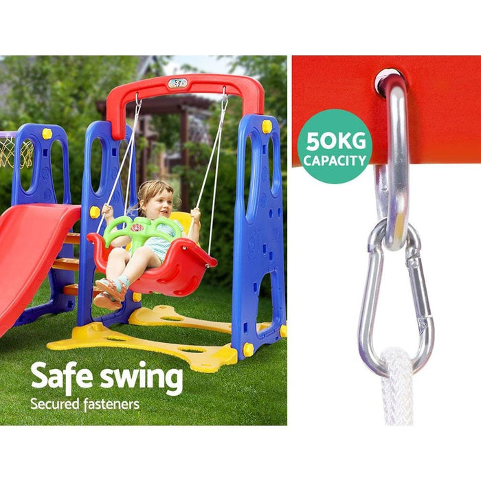 Image of a little girl swinging on the safe swing with outdoor background and close up image of the hook with 50kg capacity with white background of 4-in-1 Kids Plastic Swing and Slide kids outdoor slide